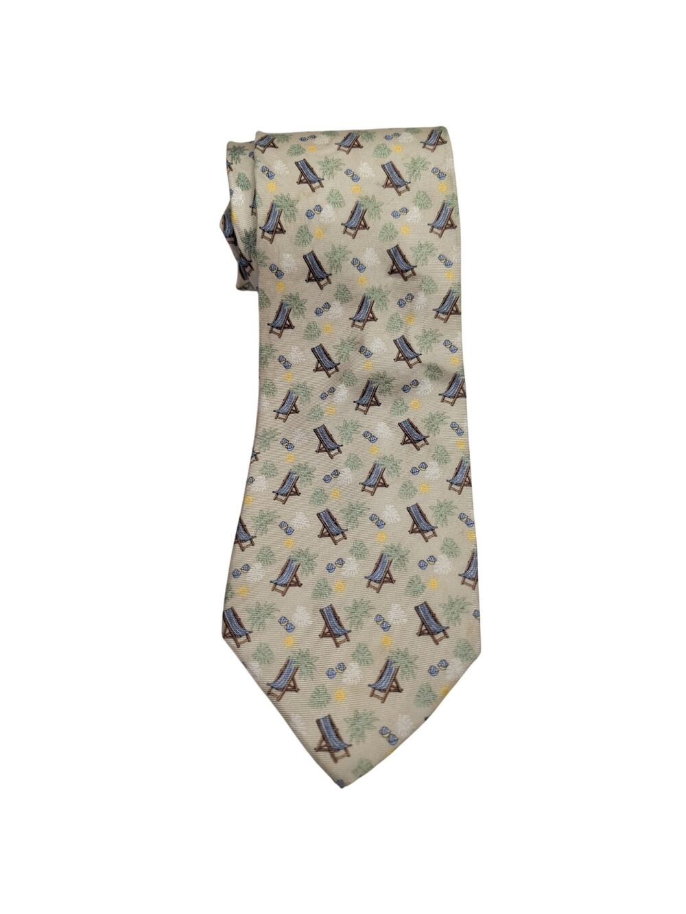 Tom James Silk Necktie Beach Deck Chairs Sea Shells Yellow Blue 60" Long USA